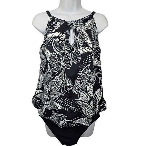 Maxine of Hollywood One Piece Blouson Swimsuit w/ Keyhole Black White Size 16 - Picture 1 of 10